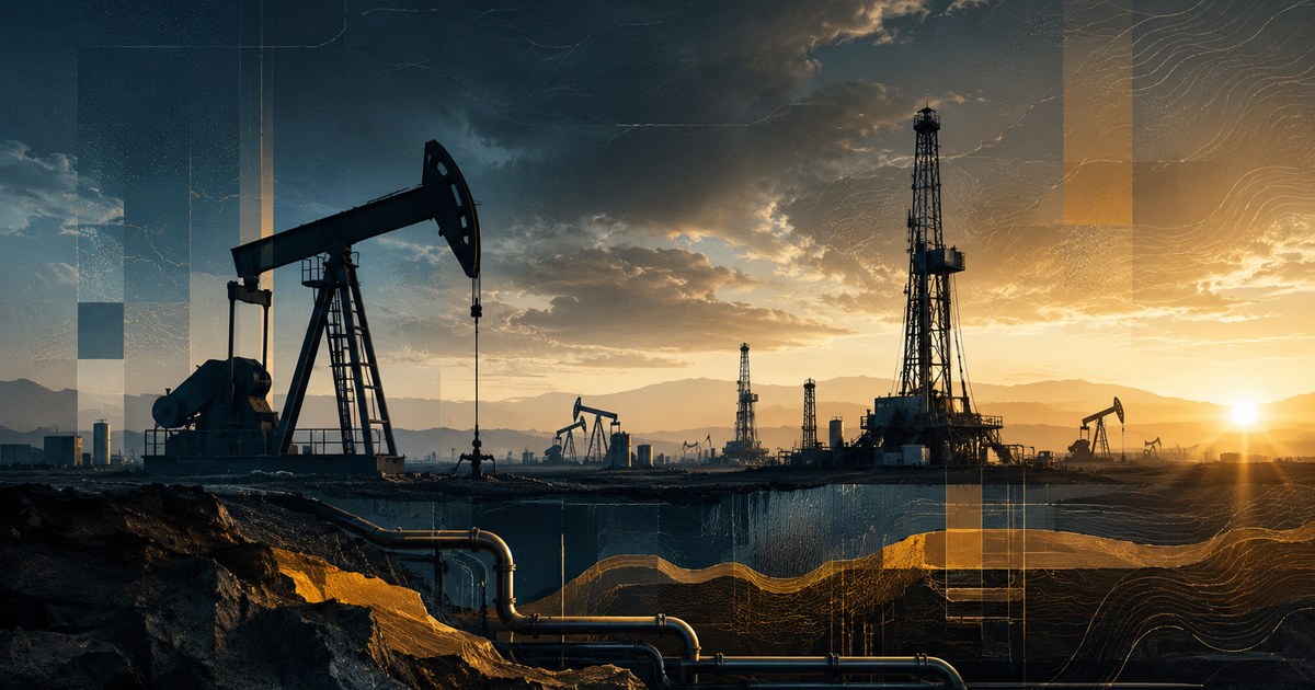 Oil pumpjack and drilling rig at sunset — Vedanta Oil & Gas (VOGL)